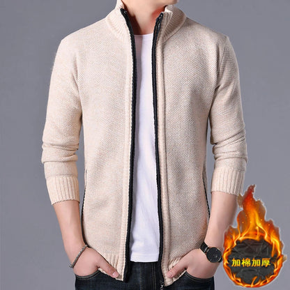 New Men's Casual High Collar Long Sleeve Knitted Top with Velvet Warmth for Autumn and Winter Fashion Multi Functional Jacket.