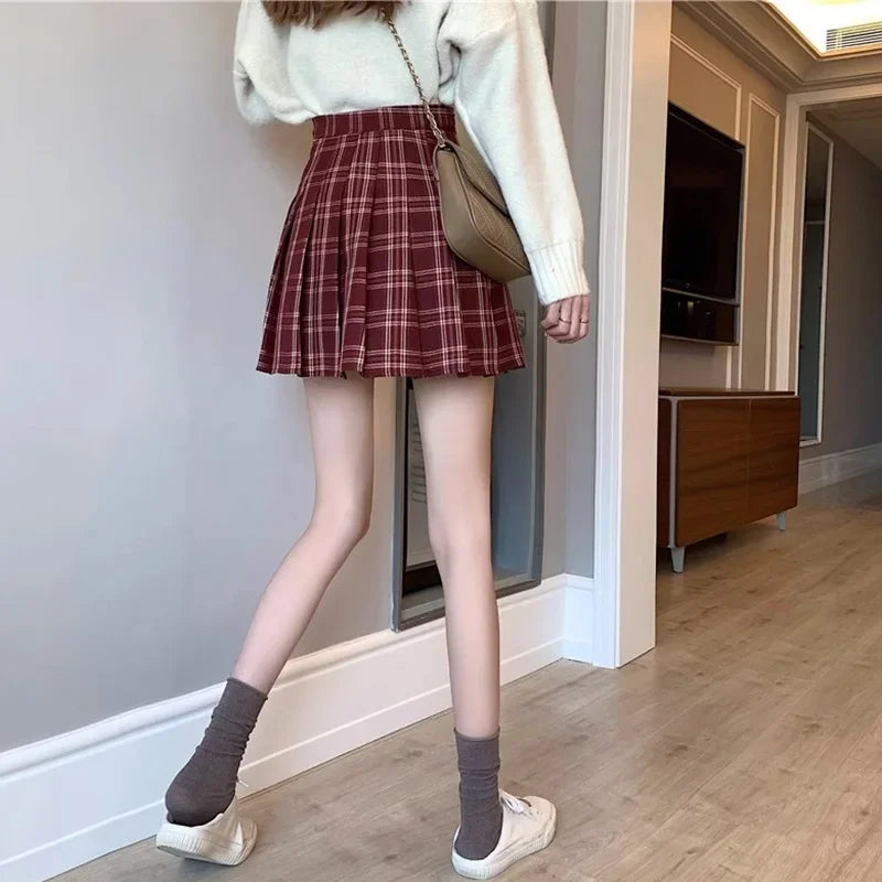 2024 Women Fashion Korean Style JK Mini Skirts Girls Red Grey Plaid Pattern Dress Female Versatile A Line Zipper Pleated Skirts.