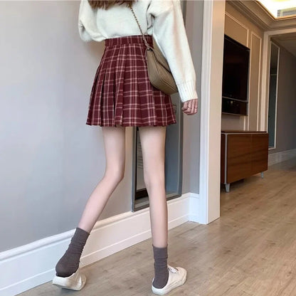 2024 Women Fashion Korean Style JK Mini Skirts Girls Red Grey Plaid Pattern Dress Female Versatile A Line Zipper Pleated Skirts.