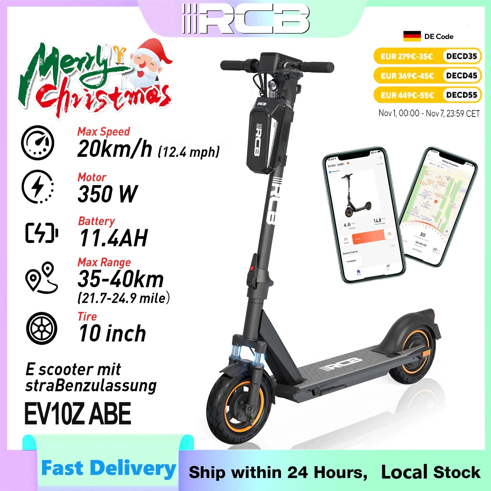 RCB 350W Foldable Electric Scooter for Adult ABE, Double Brake Waterproof Body E-Scooter, 10in Honeycomb Tires 120kg Capacity.