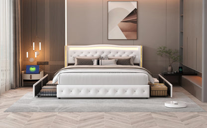 Anajqaqia gepolsterter Doppelbettrahmen 140 x 200 cm, 160 x 200 cm, mit Licht und Aufladung, weißes PU, ohne Matratze