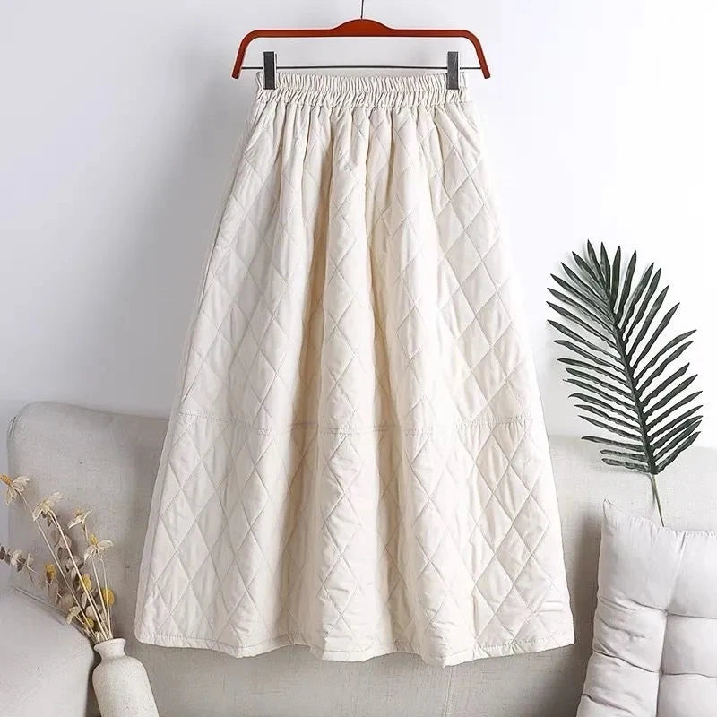 Autumn Winter Cotton Quilted Skirt Warm Womens A-line Faldas Vintage Thicken High Waist Saias Korean Fashion Knee-length Skirts