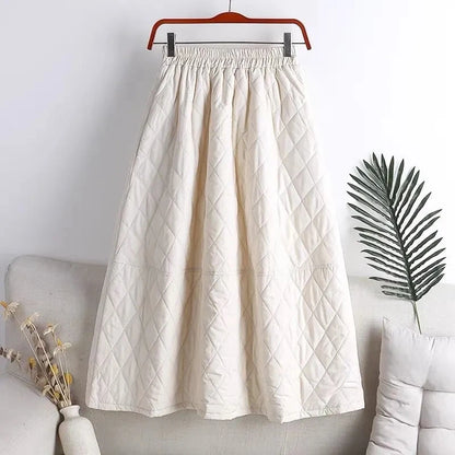 Autumn Winter Cotton Quilted Skirt Warm Womens A-line Faldas Vintage Thicken High Waist Saias Korean Fashion Knee-length Skirts