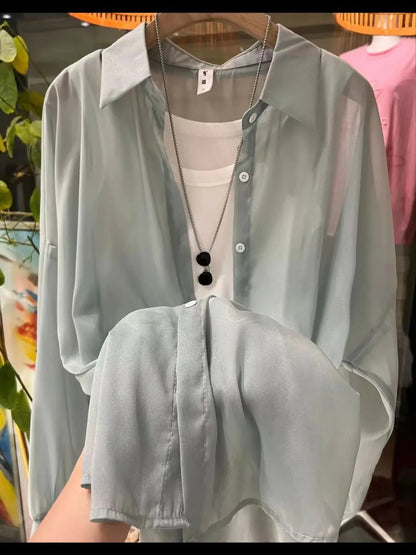 1pcs Woman Four Seasons Shirt Lady Thin Sunscreen Shirts Female Casual Long Sleeve Turn-down Collar Loose Med-Length Style Tops.