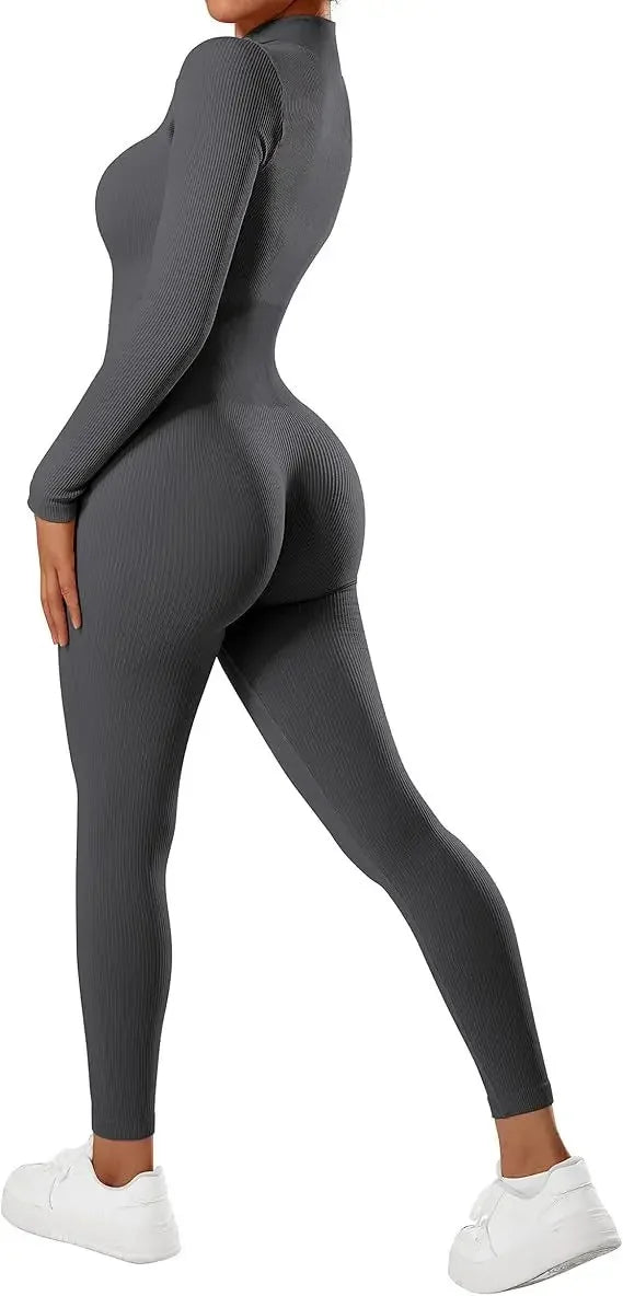 Seamless Long Sleeve Yoga Suit Waist-Fitted Shaping Trousers Casual Sports One-Piece Zippered Fitness Wear