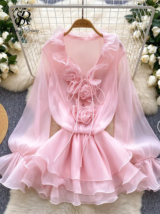 SINGREINY 3D Floral Strand Kurzes Kleid Weibliche Lange Ärmel Spitze Up Rüschen Chiffon Kuchen Sommerkleid Sheer Sexy Vintage Bohemian Kleid.