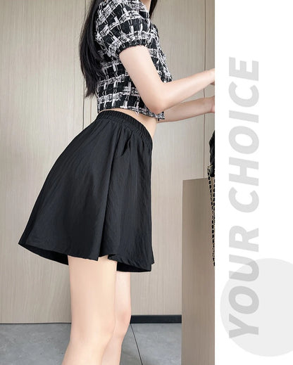 Women Quick Dry Sporty Short Pants Summer Thin Pleated Shorts Skirts High Waist A- Line Five Quarter Pants Cool Wide Leg Pants