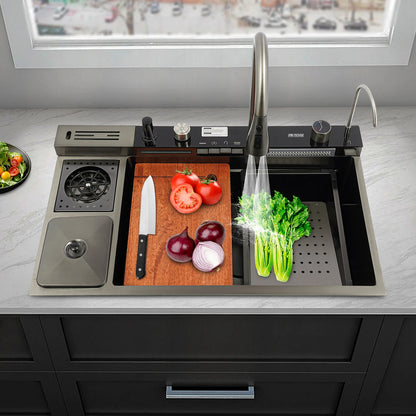 Edelstahl-Küchenspüle mit Abtropfkorb, ausziehbarer Wasserhahn, Schneidebrett, Tassenwascher, Digitalanzeige, 82 x 48 x 23 cm