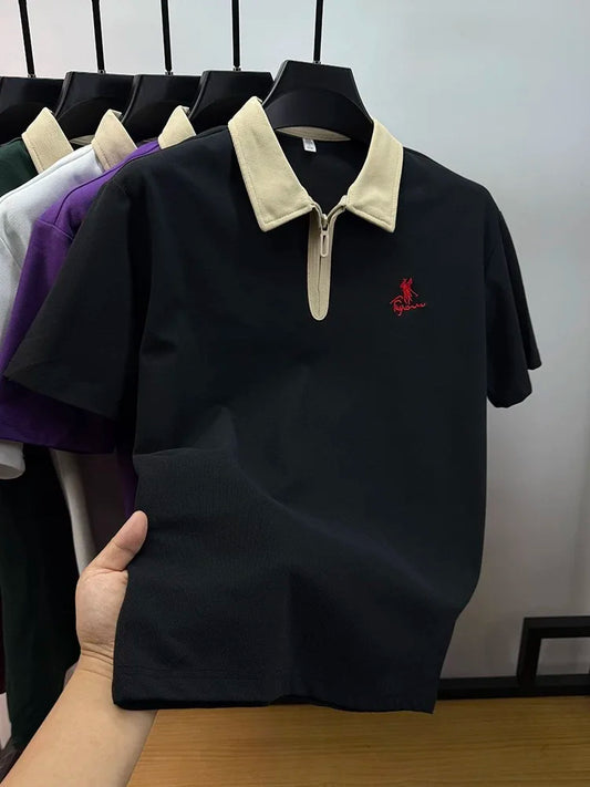 Luxury brand short sleeve polo shirt men's fashion Pony embroidered summer trendy breathable casual color blocked lapel T-shirt.