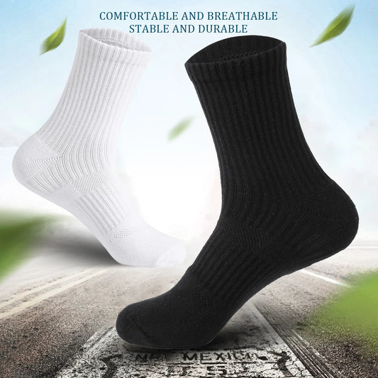 Mens Moisture Wicking Outdoor Hiking Work Cotton Socks Compression Cushion Crew Socks Leisure Men Black Socks 5 Pairs.