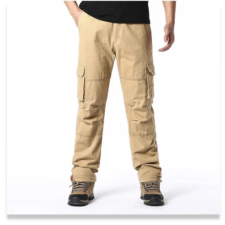 Solid Cotton Multi Flap Pockets Men's Straight Leg Cargo Pants, Loose Casual Outdoor Pants, Men's Work Pants Outdoors Streetwear.