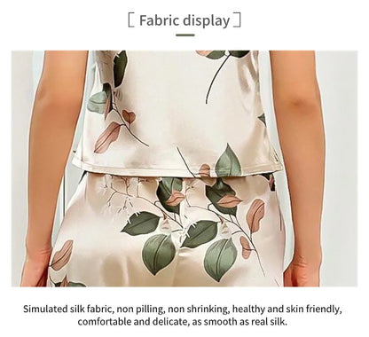 Elegantes Damen-Pyjama-Set aus Satin mit Blattmuster, V-Ausschnitt, Cami-Oberteil und elastische Hose für bequemen Schlaf und Faulenzen.