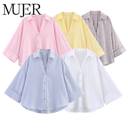 MUJER Women's Shirts Striped Oversize Shirts for Women Wide Sleeve Casual Shirts and Blouses Woman White Summer Loose Tops Woman.