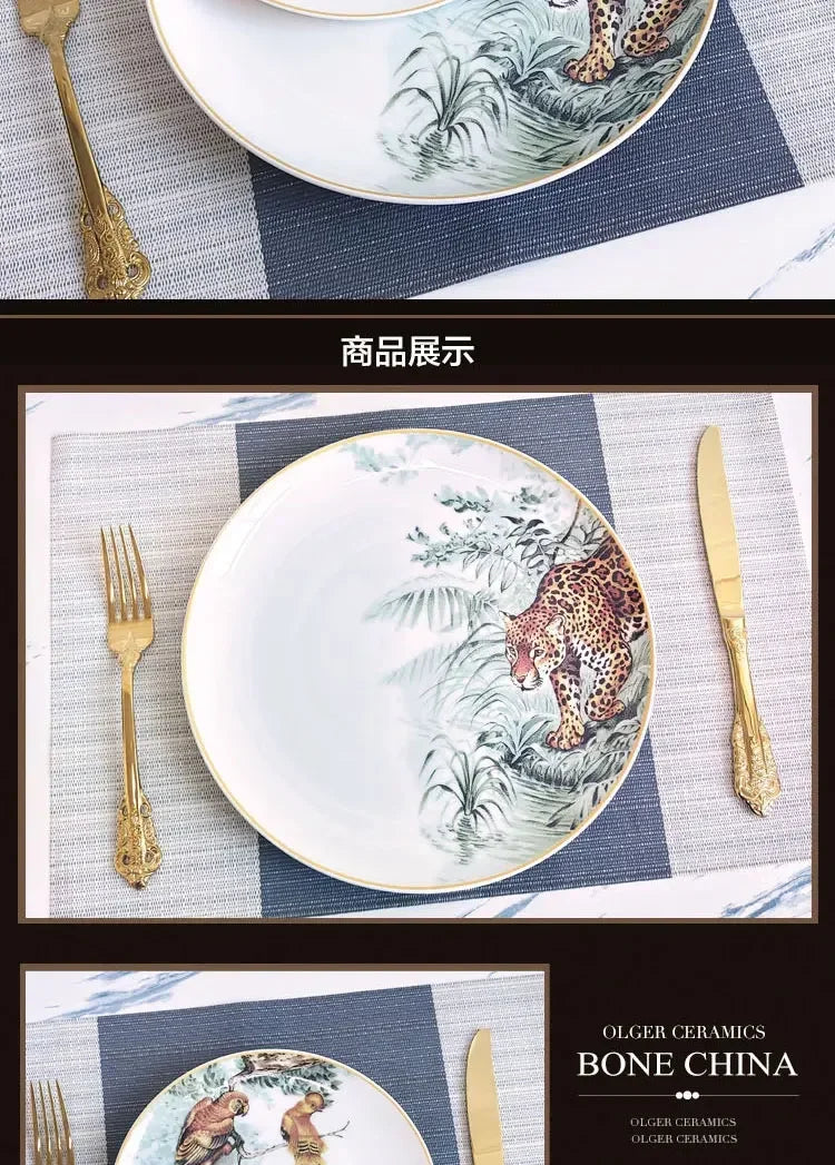 European ceramic western dinner plate, jungle set, steak plate, Coffee cup, afternoon , personalized gift set.