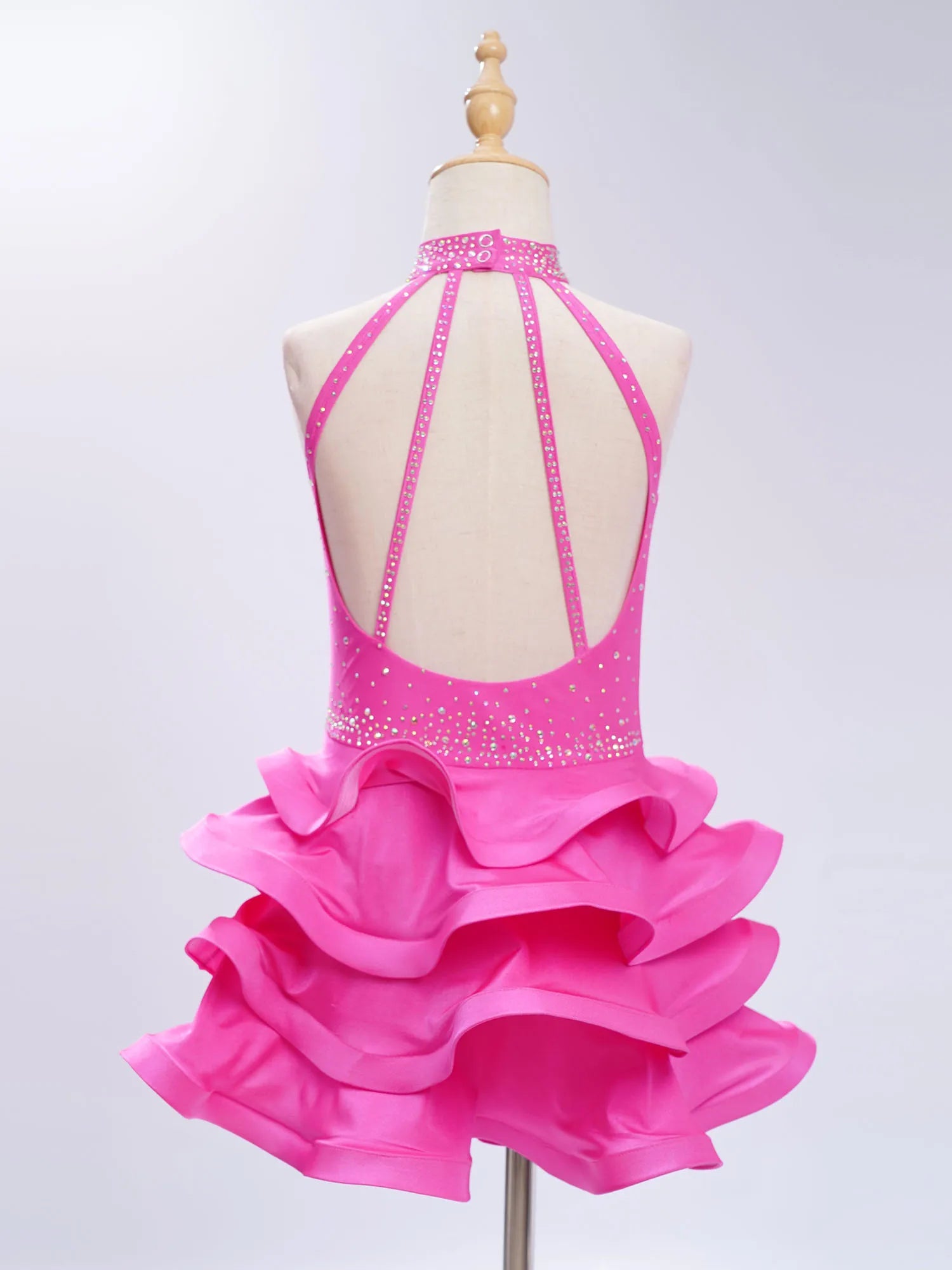 Eiskunstlauf-Kostüm für Teenager-Mädchen, lateinamerikanischer Tanz, Cha-Cha, Tango, Performance-Tanzbekleidung, ärmelloses, gestuftes Kleid mit Strasssteinen.