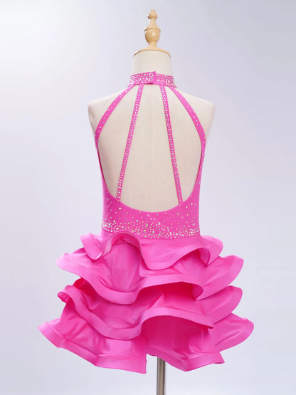 Eiskunstlauf-Kostüm für Teenager-Mädchen, lateinamerikanischer Tanz, Cha-Cha, Tango, Performance-Tanzbekleidung, ärmelloses, gestuftes Kleid mit Strasssteinen.