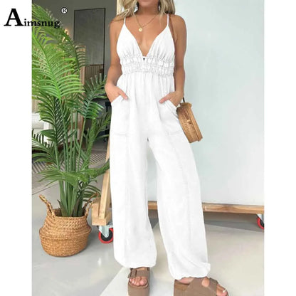 2025 Women's Stand Pocket Casual Beach Jumpsuits Women Straight Leg Trousers High Cut Female Fashion Strappy Bodysuits New.