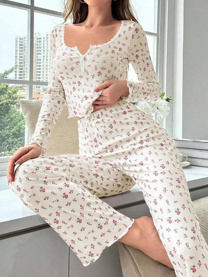 Herbst Winter Pyjama Set Frauen Nachtwäsche Blumen Druck Salat Trim Top mit Lange Hose Schöne Loungewear Volle Hülse Nachtwäsche.