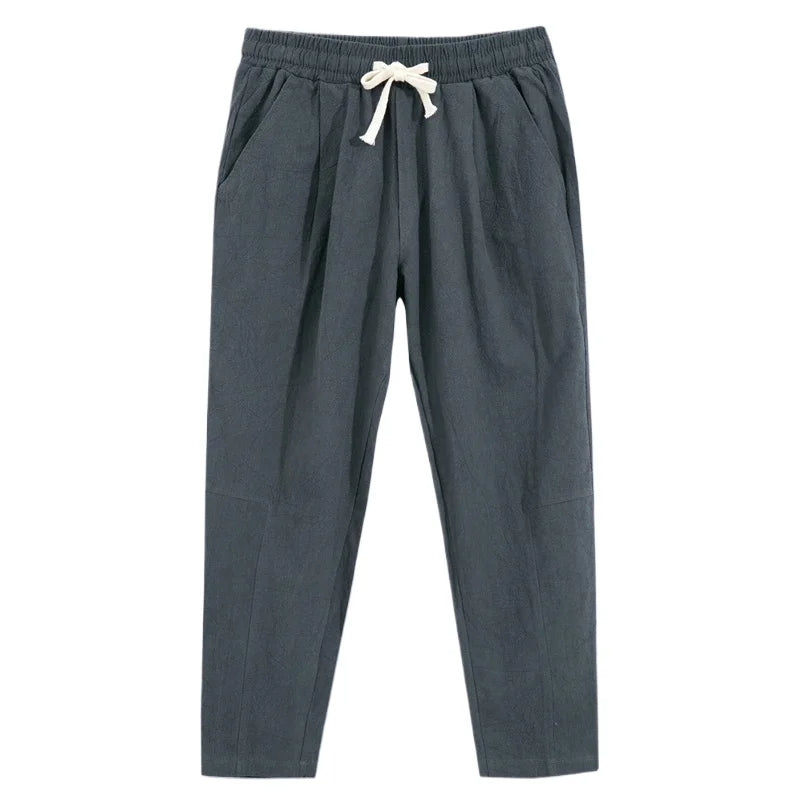 Mens Lightweight Cotton Pants Casual Solid Color Sweatpants Straight Drawstring Baggy Streetwear Breathable Ninth Pants.