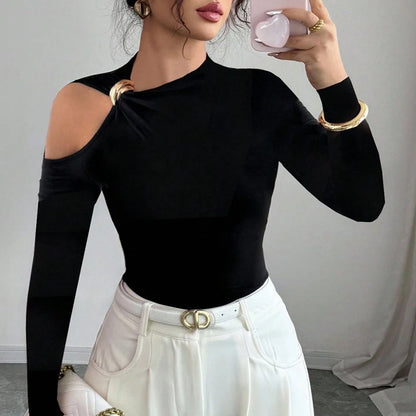 Fashion Women Blouses Sexy Cold Shoulder Skinny Top Elegant Long Sleeve Shirt Women Sexy Tops Female All Match Shirt Black.