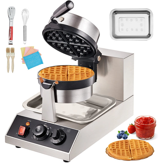 SucceBuy Electric Waffle Maker Stainless Steel Round Waffle Iron Non-Stick Waffle Baker Machine Teflon-Coated Baking Pans.