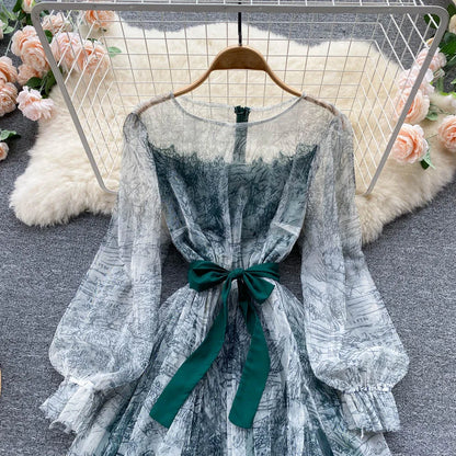 Elegante Frauen Mesh Kleid Vintage Laterne Ärmeln Gedruckt Party Kleider Frühling Sommer Patchwork A Line Bandage Strand Kleid.