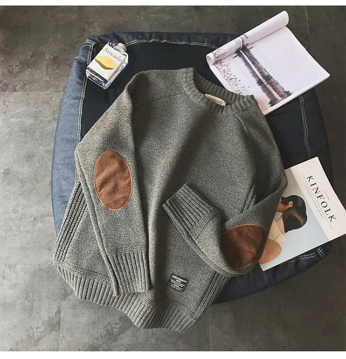 New Men's Pullover with Fashionable Patch Design, Knitted Pullover, Harajuku Street Wear, Thick O-neck Casual Pullover, Wool.