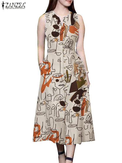 ZANZEA Elegante Damen-Midikleider, Sommer, ärmellos, Party-Sommerkleid, stilvoll, V-Ausschnitt, Urlaub, Arbeit, Vestidos, bedruckt, A-Linien-Kleid.