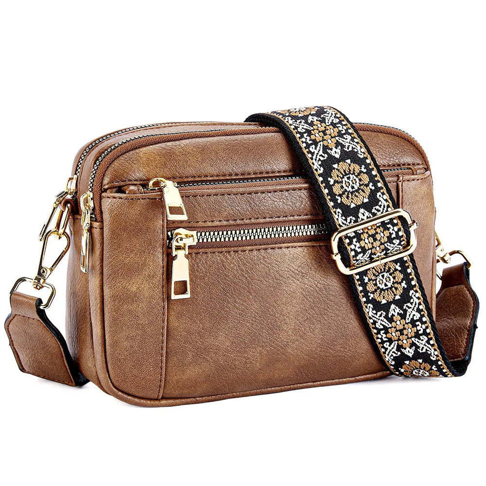 Stylish Wide Strap Shoulder Bag Women's Multiple Pockets Faux Leather Crossbody Bags Adjustable Strap  Travel Handbag Purse.