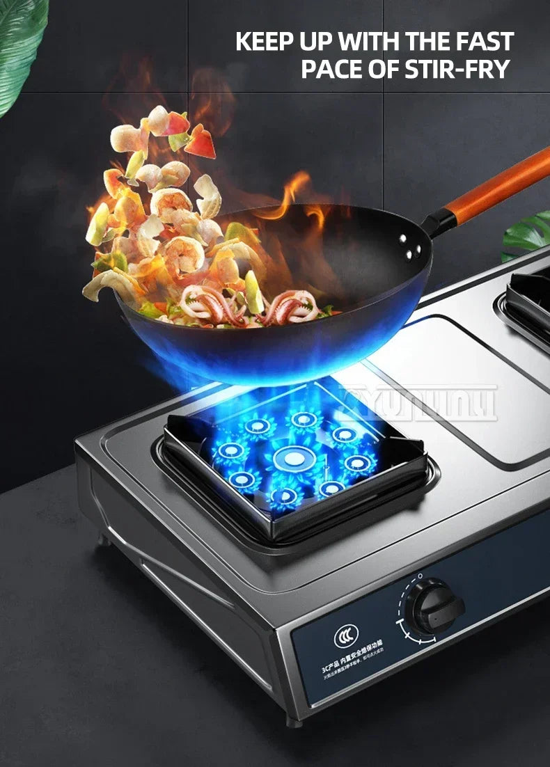Desktop Stainless Steel Double Stove Household Bench Top Strong Fire Liquefied Natural Gas Stove.