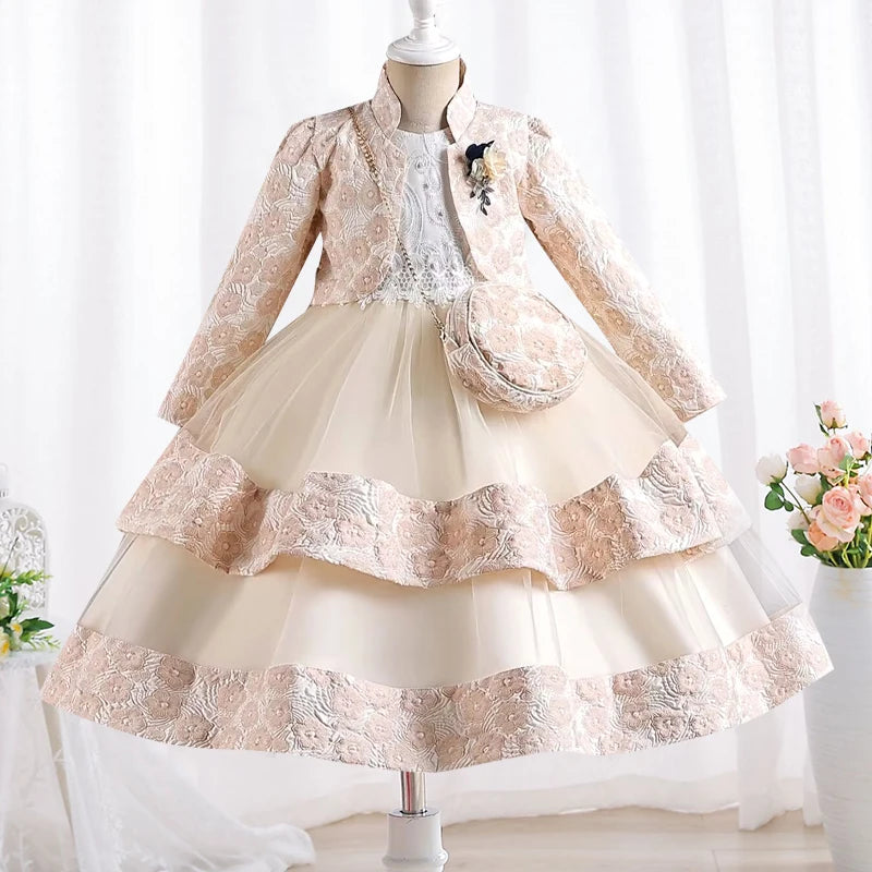 Neues Mädchenkleid, zweiteiliges Set, 3–10 Jahre alt, wunderschönes Weihnachts-Performance-Kleid, Herbst-Party-Abschlussballkleid für Mädchen