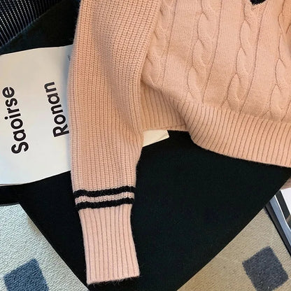 Koreanische Mode Pullover Frauen Herbst V-ausschnitt Y2K Cartoon Stickerei Gestrickte Tops Winter Weiche Grundlegende Langarm Pullover.