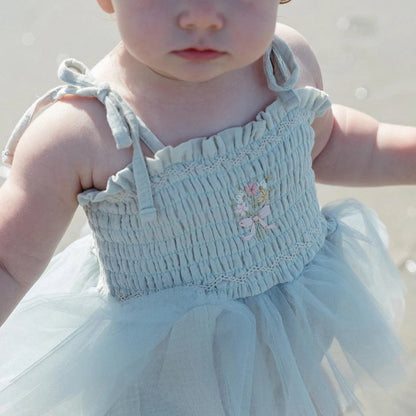 Blotona Kleinkind-Body für Babys, Mädchen, Blumenstickerei, zum Binden, Spaghettiträger, schulterfrei, Rocksaum, Strampler, Kleid und Stirnband.