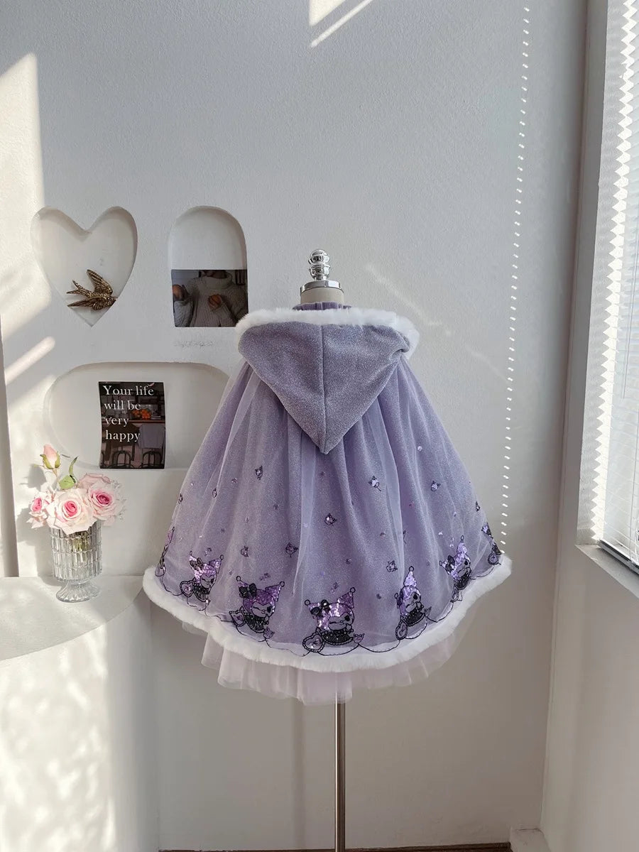 Anime Kuromi Lolita Kleid und Umhang Set Strickpullover Spleißen Mesh Prinzessin Kleid Partykleid Herbst Winter Urlaub Geschenk.