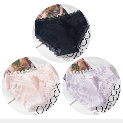 Cotton Panties Woman Sexy Lace Briefs Fashion Solid Color knickers Girls Bow Underpants Set Underwear 3 Pcs/lot.