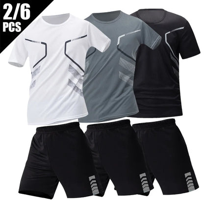 2/4/6 Pcs Plus Size Men's Quick-drying Short-sleeved Shorts Suit Men's Leisure Sports Running Fitness T-shirt Joker Shorts Teen.