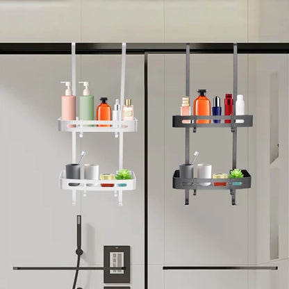2-stufiges Badezimmerregal, hängendes Duschregal, silberfarbenes/schwarzes Regal, 6 Haken für Badezimmer, Küche, Wohnzimmer