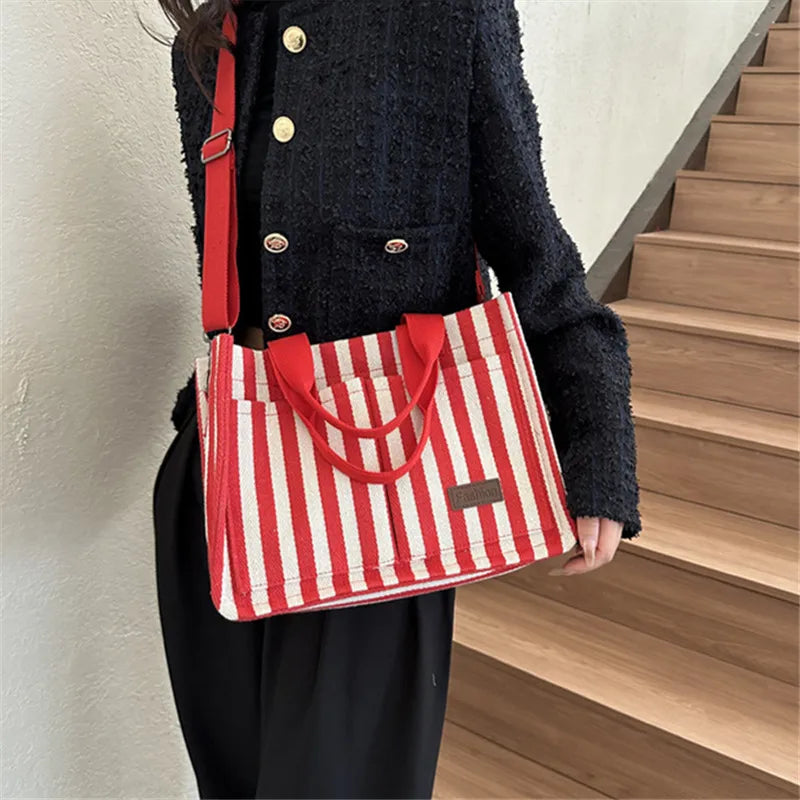 Cool Street Handbag, Large Capacity Women's Shoulder Bag, Trendy Striped Canvas Crossbody Bag, Fashion Travel Shopping Tote Bag.