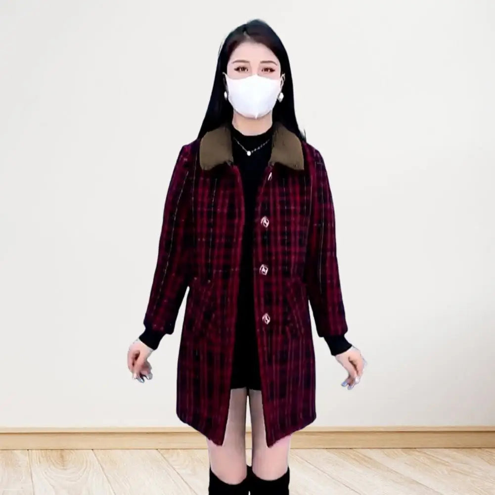 Frauen Plaid Mantel Karierten Winter Mutter Jacke Taschen drehen-unten Kragen einreiher Mid Länge Mantel Mid-aged frauen Mantel.