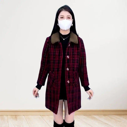 Frauen Plaid Mantel Karierten Winter Mutter Jacke Taschen drehen-unten Kragen einreiher Mid Länge Mantel Mid-aged frauen Mantel.