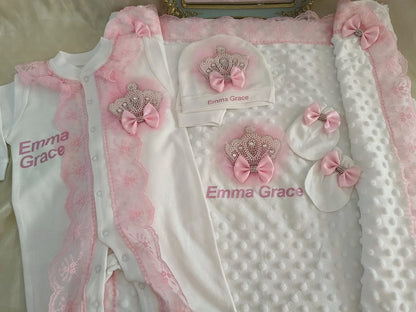 5pcs Handmade DIY Vinyl Name Personalized Baby Girl Newborn Jewels Crown Pink Take Me Home Layette 5 Piece Deluxe Gift Set