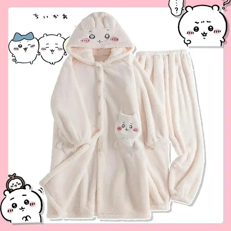 Kawaii Chiikawas Pajamas Coral Velvet Home Wear Long Length Nightgown Thick Cardigan Pant Cartoon Cute Girl Casual Home Clothing.