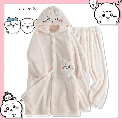 Kawaii Chiikawas Pajamas Coral Velvet Home Wear Long Length Nightgown Thick Cardigan Pant Cartoon Cute Girl Casual Home Clothing.