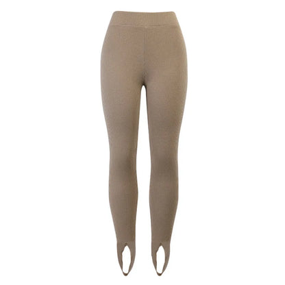 Beige Ribbed Knit Leggings Women High Waist Cotton Fitness Basic Pants Casual Spring New All-Match Female Skinny Leggings.