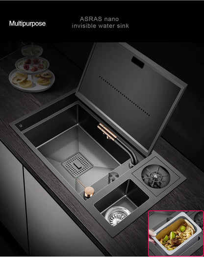 ASRAS Nanometer Hidden Flip Cover kitchen Island Sink 4mm Thickness Handmade Cup Rinser And Trash Can Kitchen Sinks
