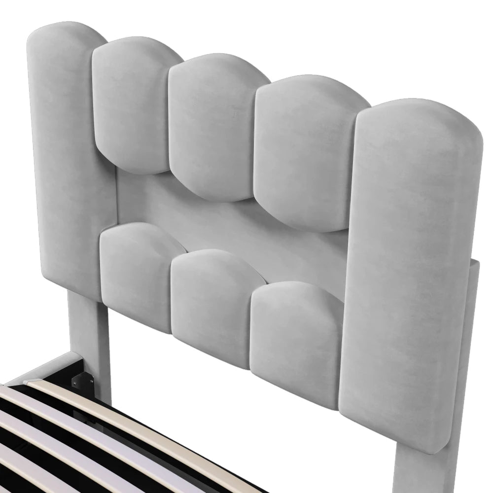 Modernes Polsterbett, 90 x 200 cm, ohne Matratze, LED-Beleuchtung, mit hydraulischem Gerät, verstellbarer Kopfteil, Samt, Grau