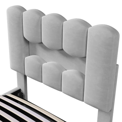 Modernes Polsterbett, 90 x 200 cm, ohne Matratze, LED-Beleuchtung, mit hydraulischem Gerät, verstellbarer Kopfteil, Samt, Grau