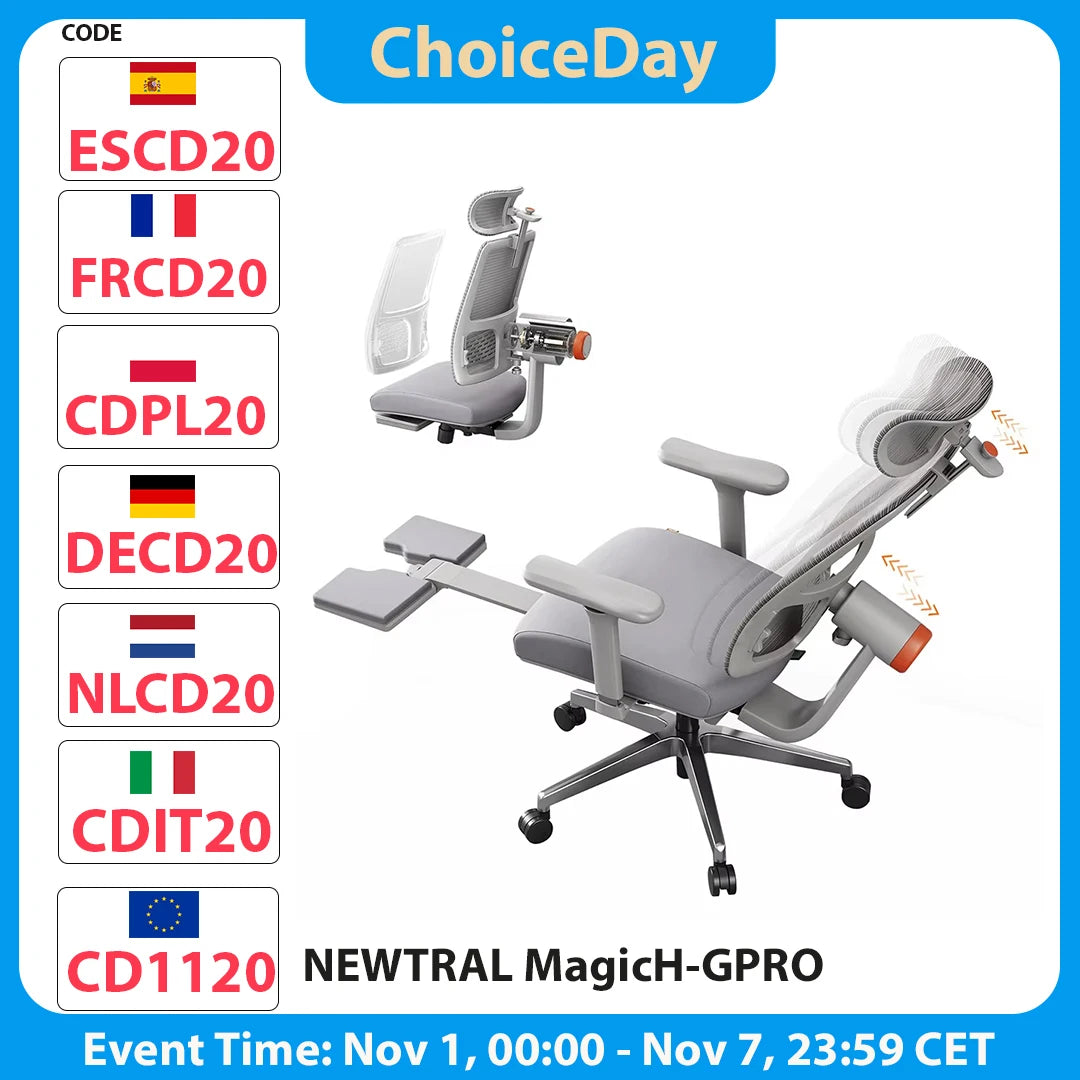 NEWTRAL MagicH-GPRO Ergonomischer Stuhl mit Fußstütze, AutoFollowing-Rückenlehne, Kopfstütze, adaptive Unterrückenstütze, verstellbare Armlehne