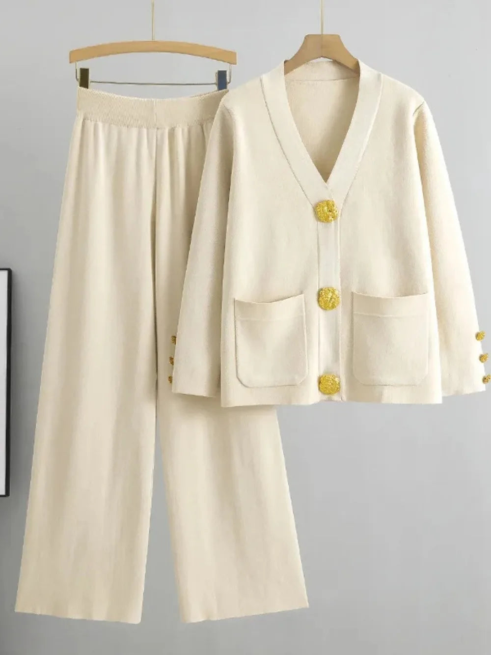 2 Piece Sets Muslim Ensemble Knitting Outfits Women Cardigan Sweater Buttons Pockets Knit Wide Leg Pants Suit Casual Knitwear
