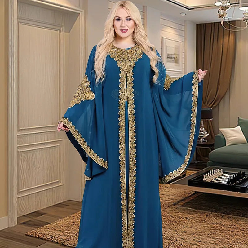 Partykleider für Frauen, Abaya, muslimischer Kaftan, 2-teiliges Set, Eid-Flare-Ärmel, Robe, bestickt, goldene Spitzenkleid, Anzug, Jalabiya Ramadan.
